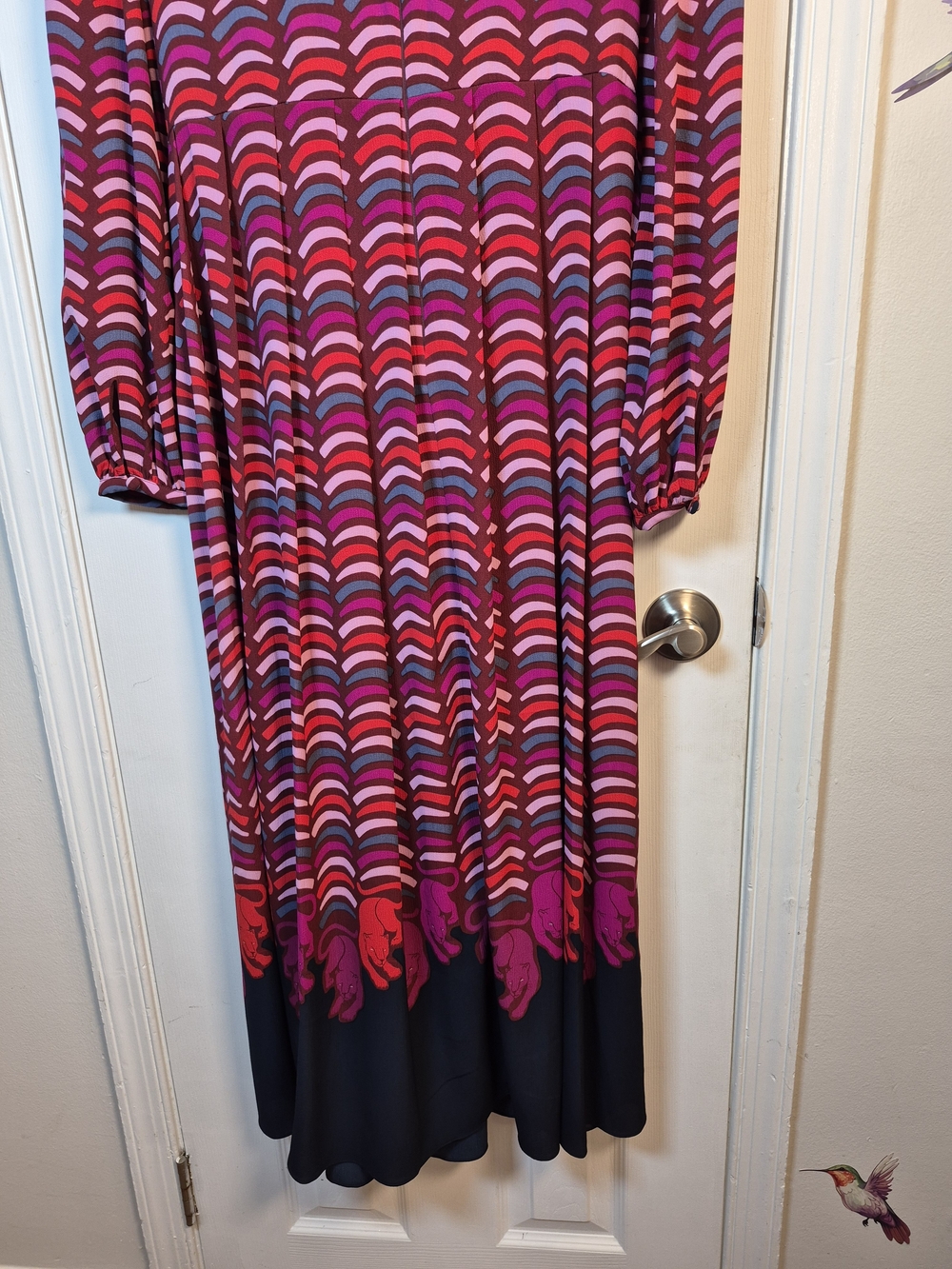 Kate Spade New York Geometric Panther Midi Dress Long Sleeve Tie Waist Size 12 - Picture 4 of 9